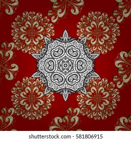 Metal with floral pattern. Vector golden floral ornament brocade textile pattern, white doodles. Red background with golden elements. Seamless golden pattern.