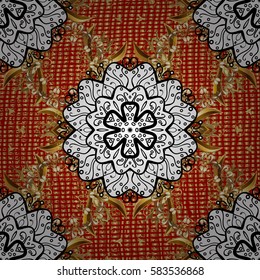 Metal with floral pattern. Vector golden floral ornament brocade textile pattern. Red background with golden elements. White pattern.