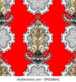 Metal with floral pattern. Vector golden floral ornament brocade textile pattern, white doodles. Red background with golden elements. Seamless golden pattern.