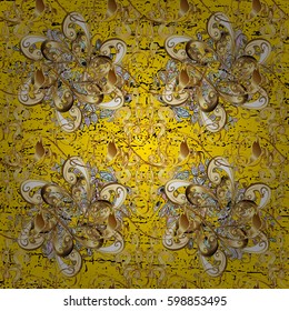 Metal with floral pattern. Vector golden floral ornament brocade textile pattern. Yellow background with golden elements. Golden pattern.