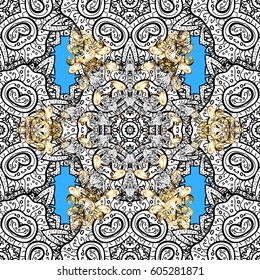 Metal with floral pattern. Vector golden floral ornament brocade textile pattern, white doodles. Blue background with golden elements. Seamless golden pattern.