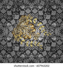 Metal with floral pattern. Vector golden floral ornament brocade textile pattern, white doodles. Gray background with golden elements. Seamless golden pattern.