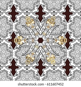 Metal with floral pattern. Vector golden floral ornament brocade textile pattern, white doodles.  