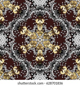 Metal with floral pattern. Vector golden floral ornament brocade textile pattern. Brown background with golden elements. Golden pattern.