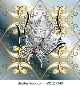 Metal with floral pattern. Vector golden floral ornament brocade textile pattern, white doodles. Background with golden elements. Ornamental golden pattern.