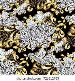 Metal with floral pattern. Vector golden floral ornament brocade textile pattern, white doodles. Neutral, black and gray colors with golden elements. Seamless golden pattern.