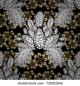 Metal with floral pattern. Vector golden floral ornament brocade textile pattern, white doodles. Black, white and beige colors with golden elements. Seamless golden pattern.