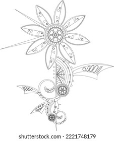 Metal flower coloring book in steampunk style. Vector illustration.