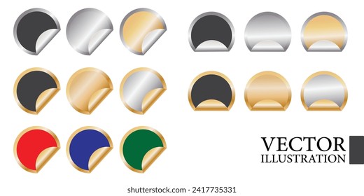 Metal folded label. Page turn effect sticker. Metallic rounded badge. Vector metal stickers isolated on white background. Realistic vector metal folded up badge.