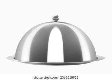 Metal food cloche isolated on white background. Stainless Steel Cloche Food Cover. Dome. Serving Plate Dish. Dining Dinner Platter. Realistic 3d vector illustration