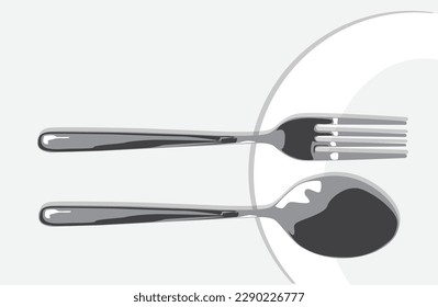 Metal fork and metal knife on top of white empty plate