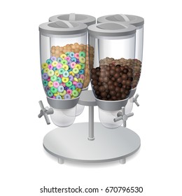 metal four containers rotating breakfast dry food dispenser kitchen storage filled with cereal, nuts and candies isolated on white background. vector illustration with transparent glass