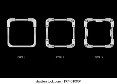 Metal Frame Avatar, Iron Square Template 3 Steps Of Drawing For Ui Game. Vector Illustration Cartoon Gray Frame Icon In Improvement For Graphic Design.