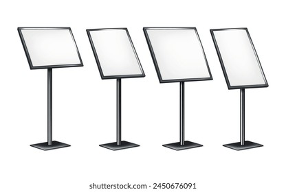 Metal frame poster sign holder stand isolated on white background. Vector mockup set. Floor base placard display. Mock-up kit. Pedestal blank banner board. Template for design