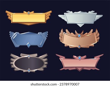 Metal frames for game design, vector illustrations isolated on black background. Set of simple web elements, horizontal plates in different forms. Shiny colored signs. Flat art.