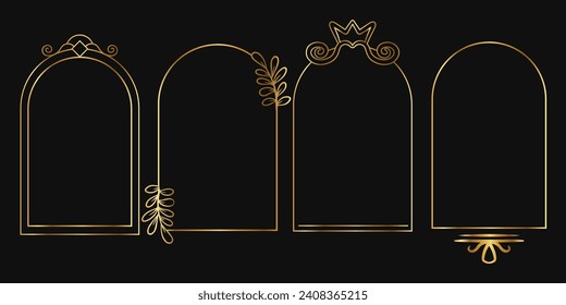 Metal frames, UI elements with exquisite decoration. Gold metal Frames of arc shapes, frames for games medieval style for name and avatars