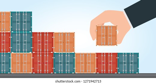 Metal freight shipping container in man's hand,  
logistics Industrial Container Cargo freight, Conceptual of fast or instant shipping, vector illustration.