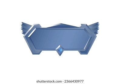 Metal game frame, vector illustration isolated on white background. Simple element drawing of gray horizontal plate with crystal and wings. Shiny silver colored plate. Flat art.