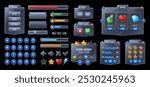 Metal game interface, game ui assets and cartoon vector elements like buttons, controls, and icons. Main menu and options windows, progress bar, scales, keys and indicators for gaming applications