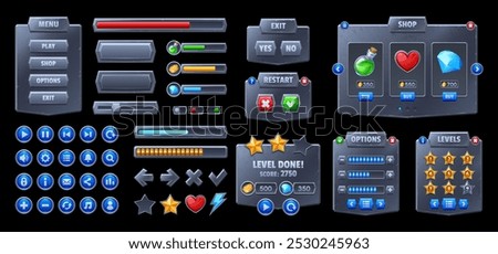 Metal game interface, game ui assets and cartoon vector elements like buttons, controls, and icons. Main menu and options windows, progress bar, scales, keys and indicators for gaming applications