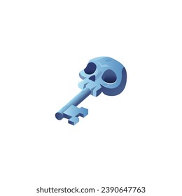 Metal game key with skull. Magic skeleton game ui element. Danger secret, password symbol icon. Security interface ancient object. Vector illustration isolated on white background