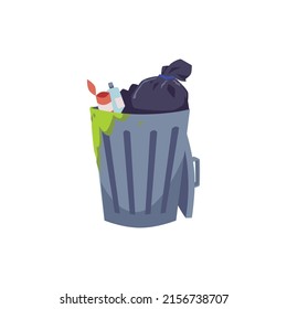 Metal garbage bin with smelly leftovers, flat vector illustration isolated on white background. Cartoon dustbin full of rotten leftovers. Recycling and environment concepts.