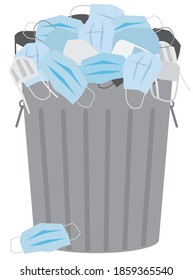 A metal garbage can is overflowing with discarded face masks