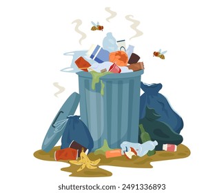 Contenedor de basura de metal con basura sin clasificar. Basura en descomposición y bolsas de basura dejadas tiradas alrededor de un basurero que huele feo y comenzó a descomponerse. Ilustración vectorial aislada en blanco.