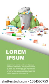 Metal garbage containers with unsorted trash. Rubbish and trash bags lying around dump. Flat vector illustration on white background. Advertising flyer or greetings card design.