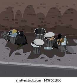 Metal garbage containers with unsorted trash disposed on the street exterior. Rubbish and trash bags lying around dump. Scene with pile of waste that smells ugly and started to decompose. Vector
