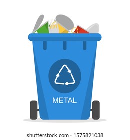 Metal Garbage Falling In The Trash Bin Vector Isolated. Waste Sorting And Segregation Idea. Container For Metal Rubbish Only. Ecology Friendly Lifestyle.