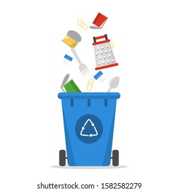 Metal Garbage Falling In The Trash Bin Vector Isolated. Waste Sorting And Segregation Idea. Container For Metal Rubbish Only. Ecology Friendly Lifestyle.