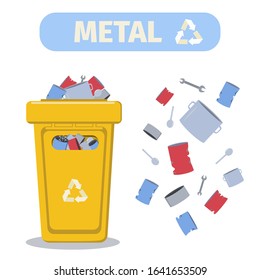 Metal garbage separation. Waste segregation. Ecology and recycle concept. Isolated vector illustration in flat style on white background.