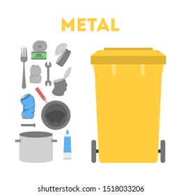 Metal garbage set. Trash container for metal rubbish only. Bottle and can. Isolated vector illustration in flat style