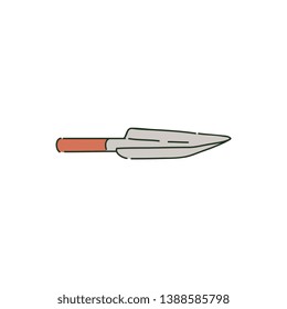 Metal garden shovel or trowel on wooden handle sketch style, vector illustration isolated on white background. Gardening tool, equipment for archaeological excavation