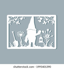 metal garden sign for garden with gnome and flowers and shovel. laser cutting. vector. eps	
