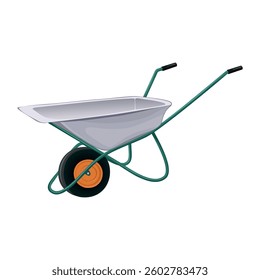 Metal garden wheelbarrow with green handles. For transporting soil, plants and gardening supplies in outdoor work and landscaping. Plant waterer theme elements. Vector illustration