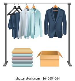 Metal garment rack, one-bar, with men clothes in classic style, suit and shirts hanging on wooden hangers. Cardboard box, stack of clothes. Closet organization, wardrobe storage. Vector illustration.