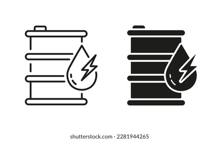 Metal Gas Tank Container with Diesel Line and Silhouette Icon Set. Petrol Energy Gallon with Drop and Lightning. Barrel for Oil Drum Symbols on White Background. Isolated Vector Illustration.