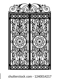 metal gate with forged ornaments on a white background