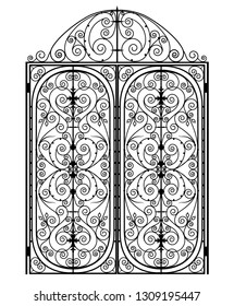 metal gate with forged ornaments on a white background