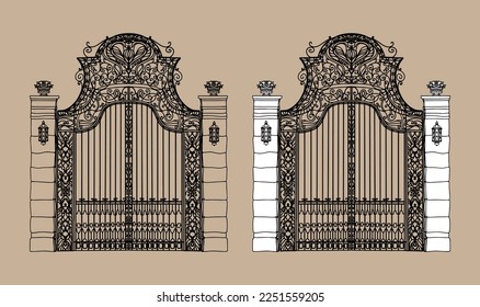 Metal gate in front of the castle. Vector illustration. Concept. Happy Halloween Black and white hand drawn vector illustration. Isolated drawing. For coloring books and design books.