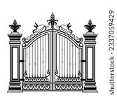 Metal gate sketch. Vector illustration of decorative forging of a two-door garden gate.