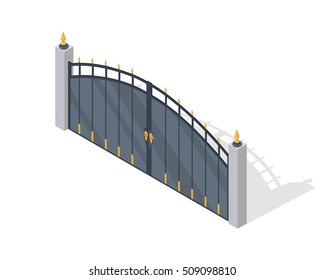 Metal gate vector icon. Black steel car entry with gold forged elements isometric projection vector illustration isolated on white background. For gaming environment, architecture element, app design