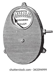 Medidor de metal, Bourdon para calderas fijas, ilustración vintage grabada. Enciclopedia industrial E.-O. Lami - 1875.