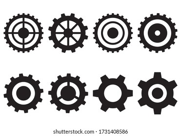 Metal gear cogs set. Wheel symbol, machine engine element.  Isolated elements on white background.