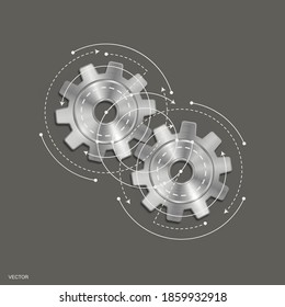 Metal gears .Engineering drawing.Technical drawing of gears .Rotating mechanism of round parts .Machine technology.Vector illustration