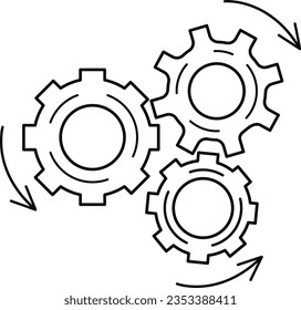 Metal gears. Flat gear icon design. Logo on the wheels of the mechanism. A gear icon, a gear wheel, an engine circle, a web symbol in the form of a thin line on a white background.