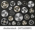 Metal gears. Metallic cogwheels and spur gears for mechanical engineering, industrial and steampunk themed design. Isolated vector set