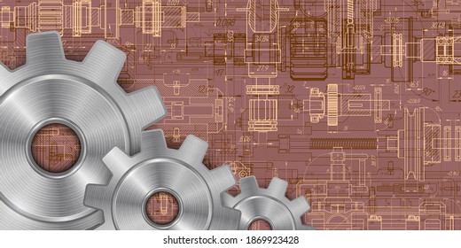  Metal gears .Technical drawing background .Engineer technician designing drawings.Rotating mechanism of round parts .Vector illustration.